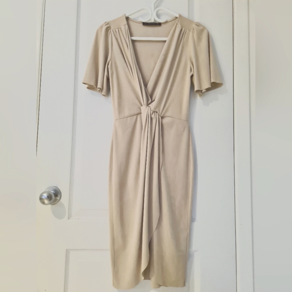 ZARA cream beige grey color faux suede short sleeve knot front dress size small